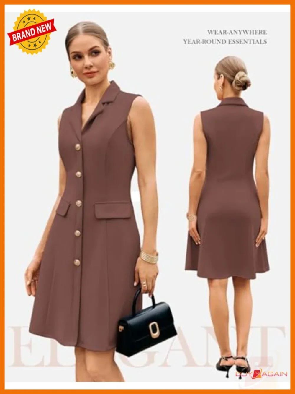 Sleeveless Button Down Work Dress Lapel Collar A-Line Knee Length